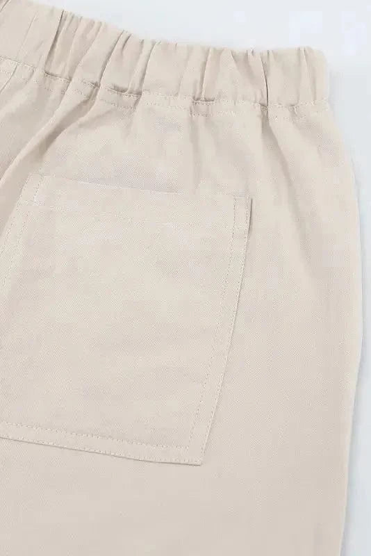 Shorts Khaki Solid Color Drawstring Frayed Hem Pocketed Shorts