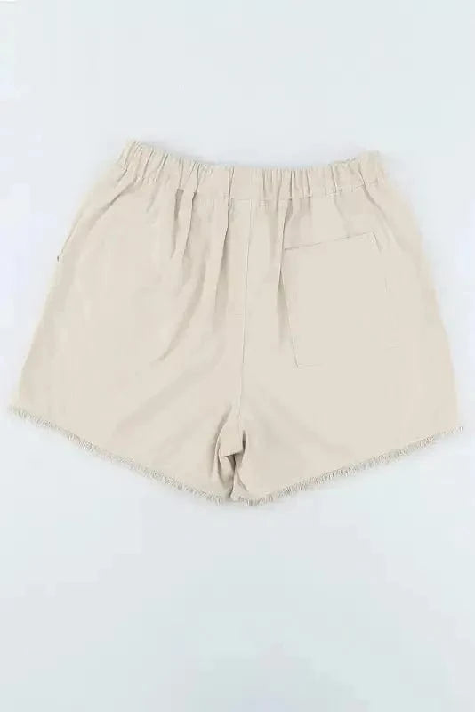 Shorts Khaki Solid Color Drawstring Frayed Hem Pocketed Shorts