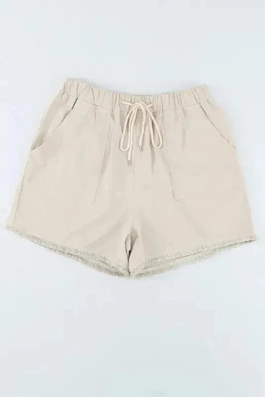 Shorts Khaki Solid Color Drawstring Frayed Hem Pocketed Shorts