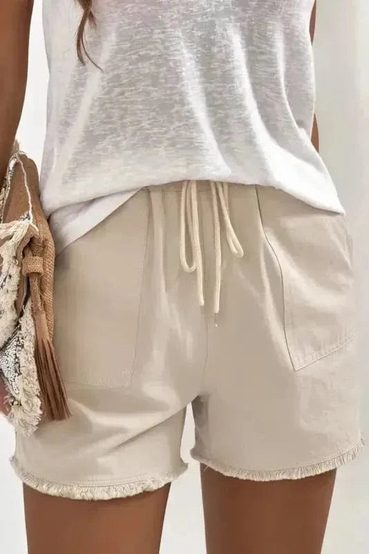 Shorts Khaki Solid Color Drawstring Frayed Hem Pocketed Shorts