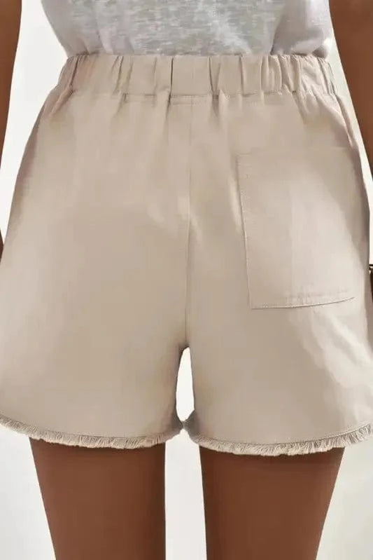 Shorts Khaki Solid Color Drawstring Frayed Hem Pocketed Shorts