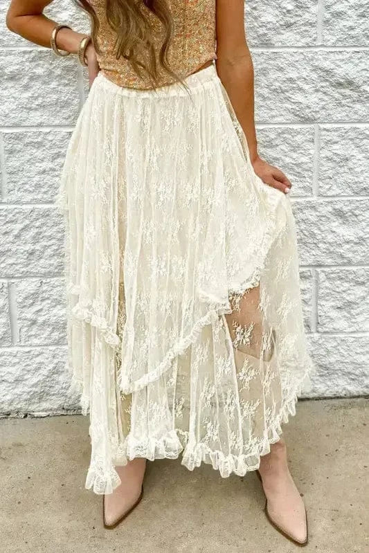Skirts Beige / S / 90%Polyamide+10%Elastane Lace Maxi Skirt - Cascading Tiered