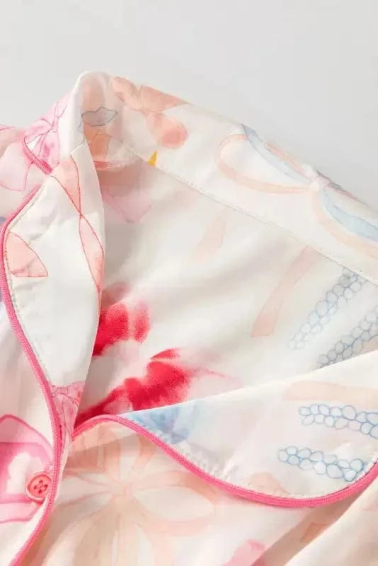 Sleepwear Elegant Satin Dreams Pajama Set - White Bow Knot Print