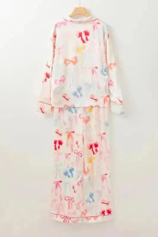 Sleepwear Elegant Satin Dreams Pajama Set - White Bow Knot Print