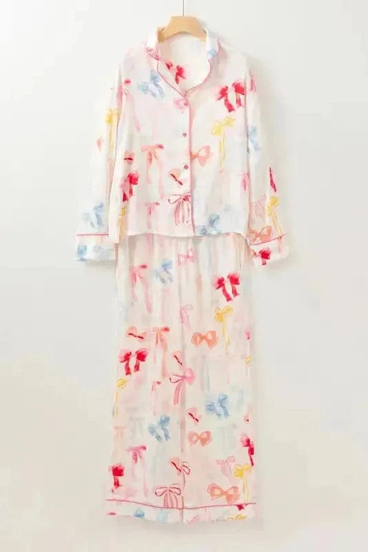 Sleepwear Elegant Satin Dreams Pajama Set - White Bow Knot Print