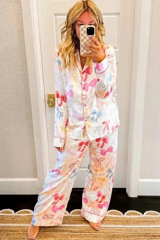 Sleepwear Elegant Satin Dreams Pajama Set - White Bow Knot Print