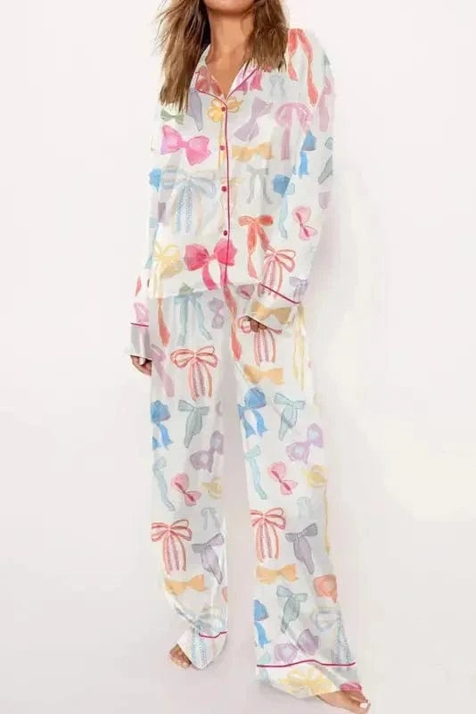 Sleepwear Elegant Satin Dreams Pajama Set - White Bow Knot Print