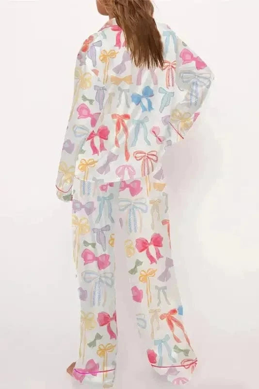 Sleepwear Elegant Satin Dreams Pajama Set - White Bow Knot Print
