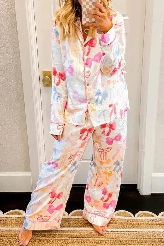 Sleepwear White / S / 97%Polyester+3%Elastane Elegant Satin Dreams Pajama Set - White Bow Knot Print