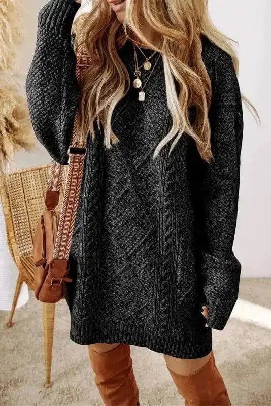 Sweater Dresses Black / S / 100%Polyester Jumper Dress - Cable Knit Loose Fit