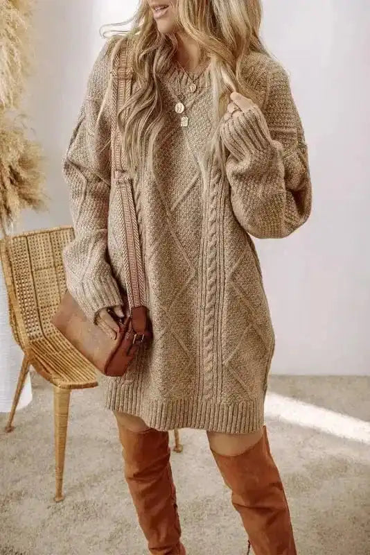 Sweater Dresses Cable Knit Dress - Drop Shoulder Loose Fit