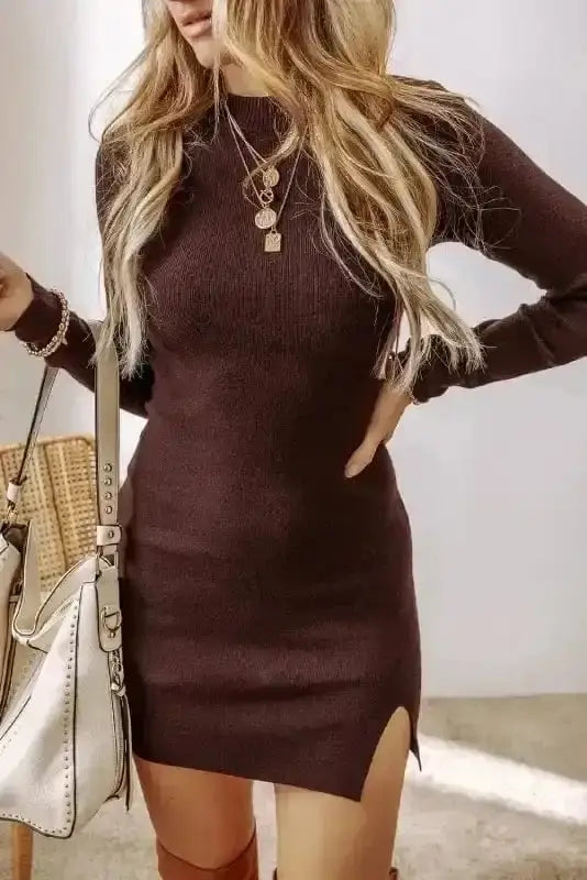 Slim Fit Jumper Dress - Coffee Mock Neck Side Slit