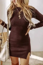 Sweater Dresses Coffee / S / 30%Polyester+25%Viscose+25%Acrylic+20%Polyamide Slim Fit Jumper Dress - Coffee Mock Neck Side Slit