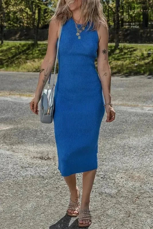 Sweater Dresses Dark Blue / S / 52%Viscose+26%Polyester+22%Polyamide Sleeveless Jumper Dress - Ribbed Knit Sheath Midi