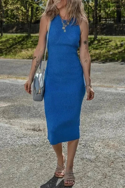 Sweater Dresses Dark Blue / S / 52%Viscose+26%Polyester+22%Polyamide Sleeveless Jumper Dress - Ribbed Knit Sheath Midi