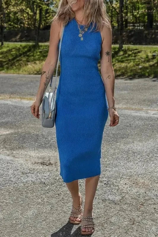 Sweater Dresses Dark Blue / S / 52%Viscose+26%Polyester+22%Polyamide Sleeveless Jumper Dress - Ribbed Knit Sheath Midi