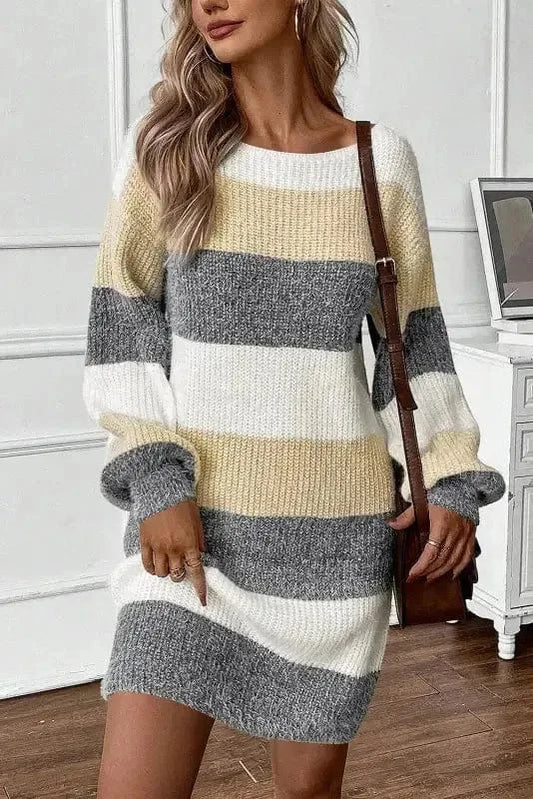 Sweater Dresses Gray Stripe / S / 55%Acrylic+45%Polyamide Stripe Jumper Dress - Bubble Sleeve Loose Fit