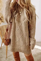 Sweater Dresses Parchment / S / 100%Polyester Cable Knit Dress - Drop Shoulder Loose Fit