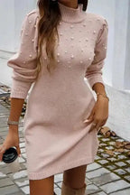 Sweater Dresses Pearl Beaded Jumper Dress - High Neck Bodycon