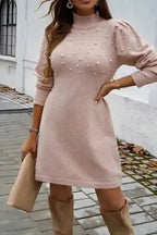 Sweater Dresses Pearl Beaded Jumper Dress - High Neck Bodycon