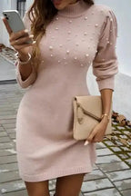 Sweater Dresses Pearl Beaded Jumper Dress - High Neck Bodycon
