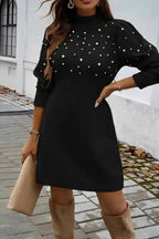 Sweater Dresses Pearl Beaded Jumper Dress - High Neck Bodycon