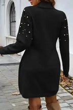 Sweater Dresses Pearl Beaded Jumper Dress - High Neck Bodycon