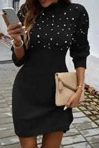 Sweater Dresses Pearl Beaded Jumper Dress - High Neck Bodycon