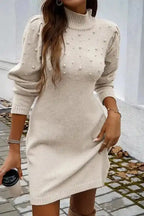 Sweater Dresses Pearl Beaded Jumper Dress - High Neck Bodycon