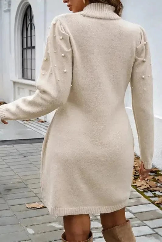 Sweater Dresses Pearl Beaded Jumper Dress - High Neck Bodycon