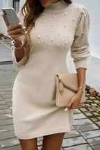 Sweater Dresses Pearl Beaded Jumper Dress - High Neck Bodycon