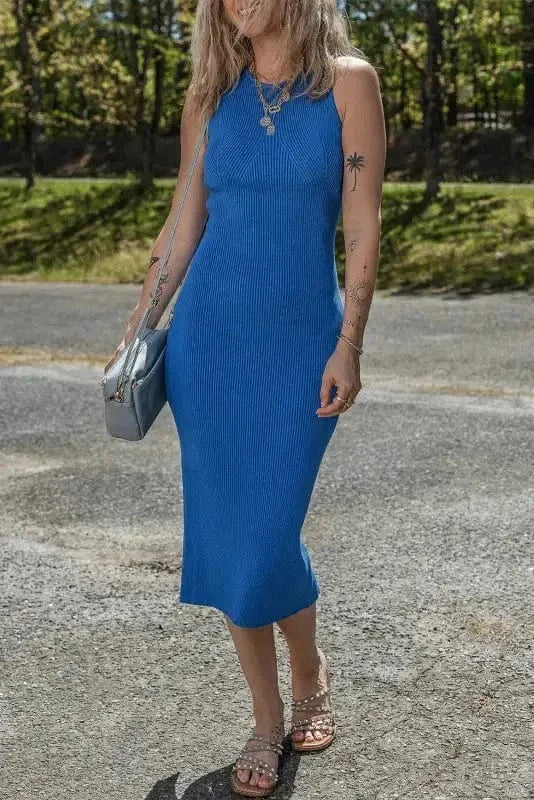 Sweater Dresses Sleeveless Jumper Dress - Ribbed Knit Sheath Midi