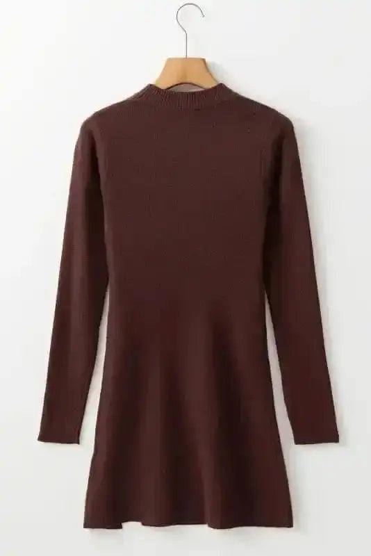 Sweater Dresses Slim Fit Jumper Dress - Coffee Mock Neck Side Slit
