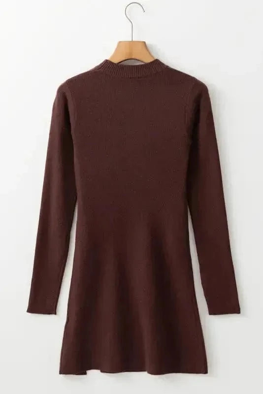 Sweater Dresses Slim Fit Jumper Dress - Coffee Mock Neck Side Slit