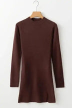 Sweater Dresses Slim Fit Jumper Dress - Coffee Mock Neck Side Slit