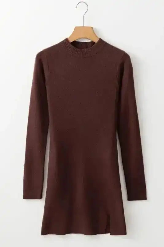 Sweater Dresses Slim Fit Jumper Dress - Coffee Mock Neck Side Slit