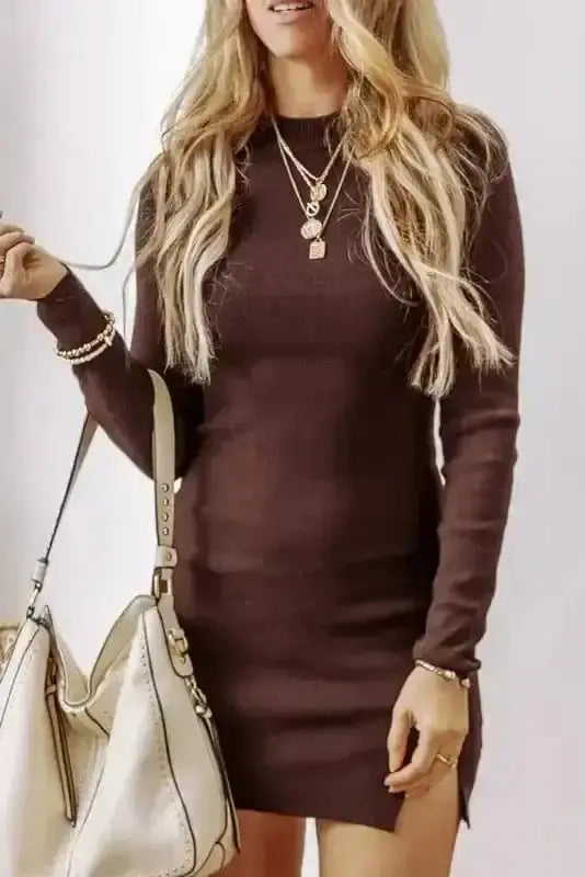 Sweater Dresses Slim Fit Jumper Dress - Coffee Mock Neck Side Slit