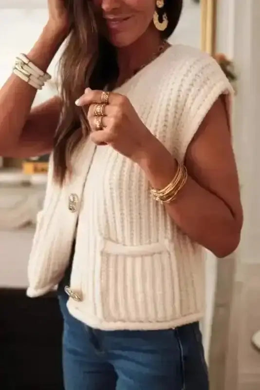 Sweater Vests Chunky Knit Vest - Side Pockets Buttoned