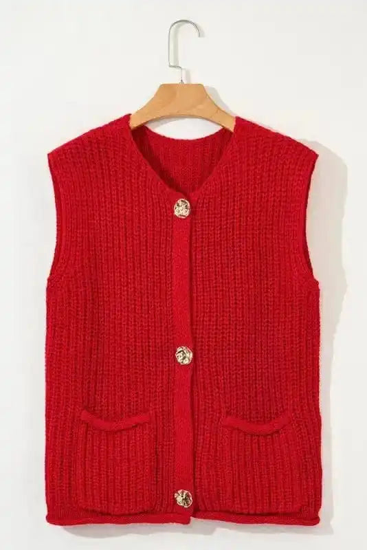 Sweater Vests Chunky Knit Vest - Side Pockets Buttoned