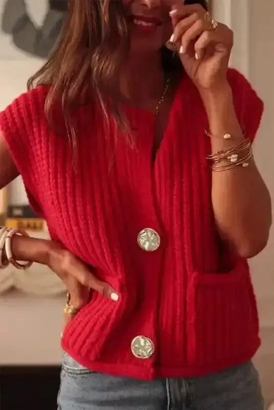 Sweater Vests Chunky Knit Vest - Side Pockets Buttoned