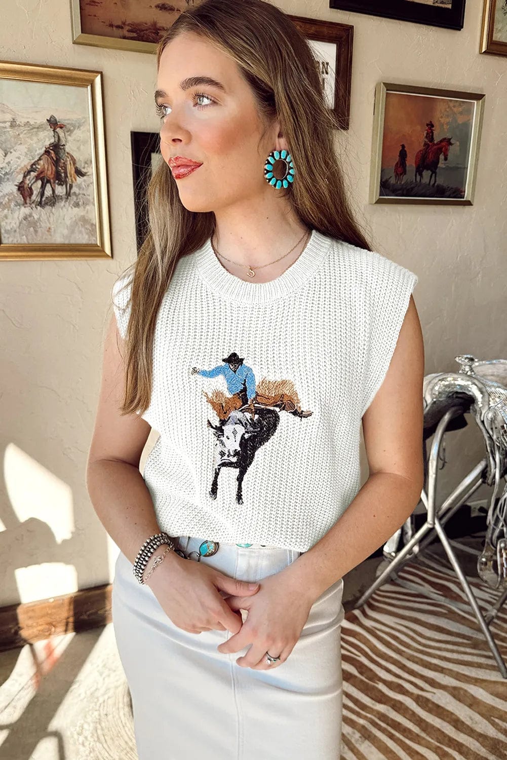 Sweater Vests Cowboy Embroidery Sleeveless Sweater