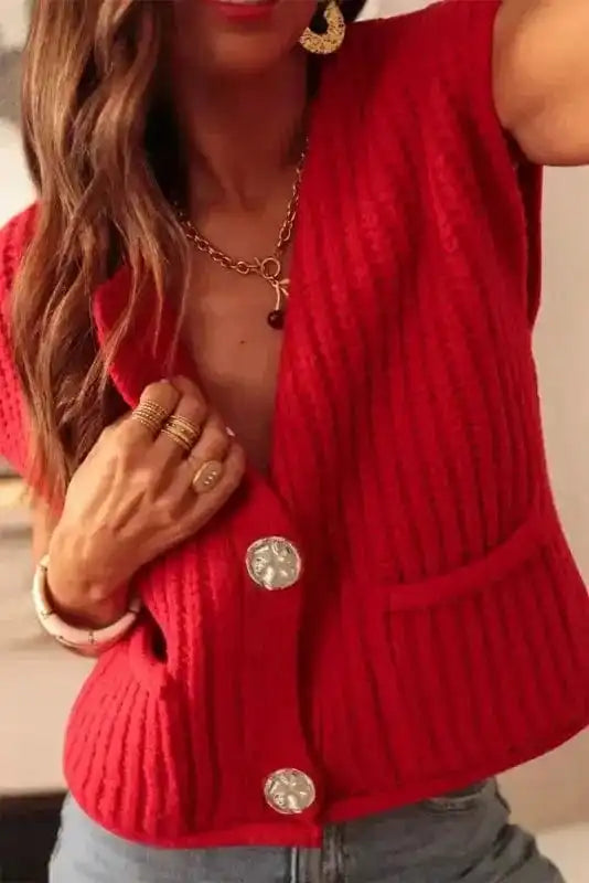 Sweater Vests Fiery Red / S / 100%Acrylic Chunky Knit Vest - Side Pockets Buttoned