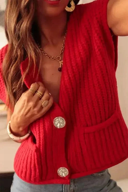 Sweater Vests Fiery Red / S / 100%Acrylic Chunky Knit Vest - Side Pockets Buttoned