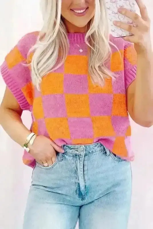 Sweater Vests Strawberry Pink / S / 50%Viscose+28%Polyester+22%Polyamide Plaid Perfection Ribbed Tank Top