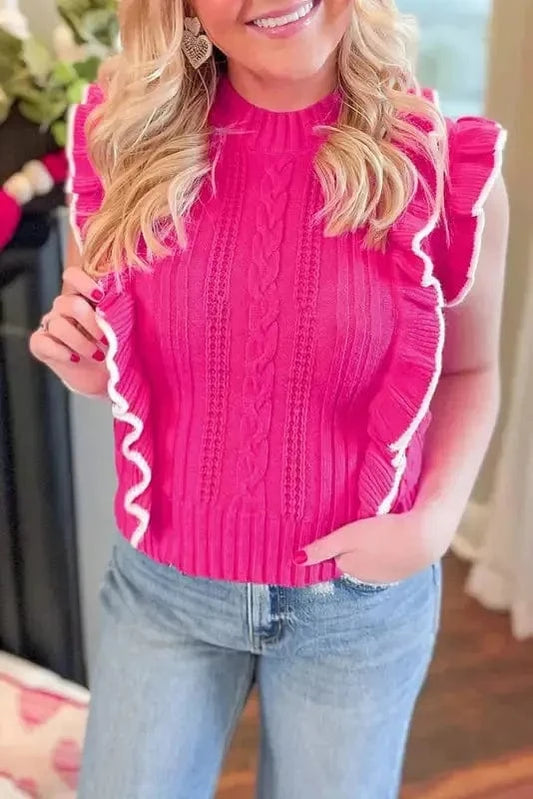 Sweater Vests Strawberry Pink / S / 50%Viscose+28%Polyester+22%Polyamide Ruffled Rose Sweater Vest