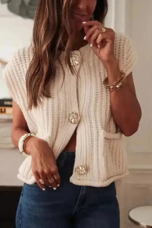Sweater Vests White / S / 100%Acrylic Chunky Knit Vest - Side Pockets Buttoned