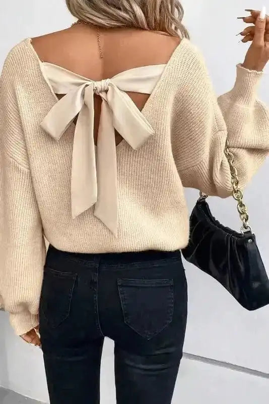 Sweaters Apricot / S / 50%Viscose+28%Polyester+22%Polyamide Back Bow Knit Sweater