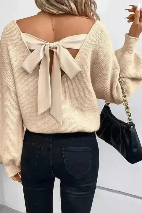 Apricot back bow knit sweater front view — Fashionfitz UK