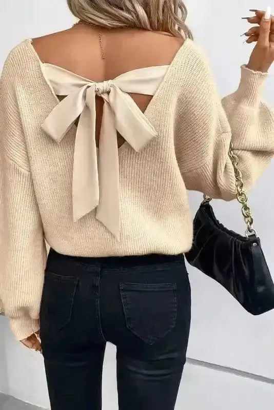 Apricot back bow knit sweater front view — Fashionfitz UK