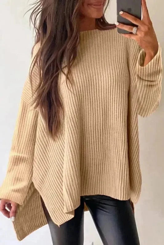 Sweaters Apricot / S / 60%Cotton+40%Acrylic Oversized Jumper - Apricot Side Slits Loose Fit